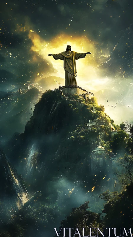 Digital statue on mountain peak stands in illuminated cloud field