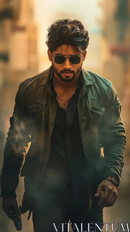 Intense action hero strides through smoky urban alleyway.