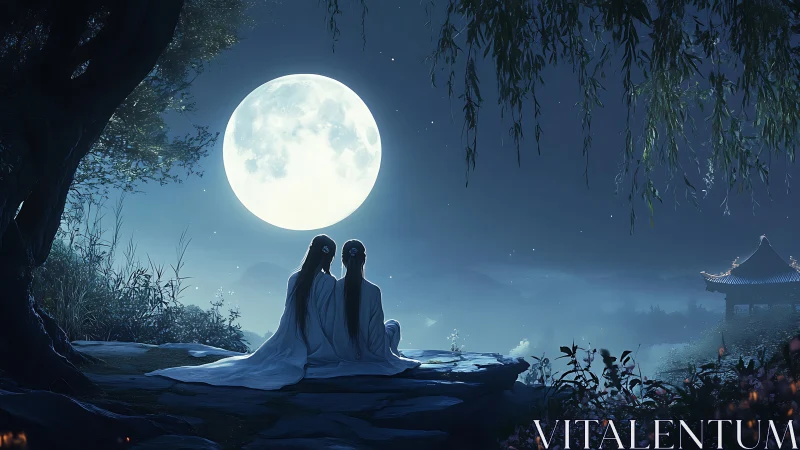 Dual Figures Beneath Full Moon: East Asian Architectural Landscape Nocturne