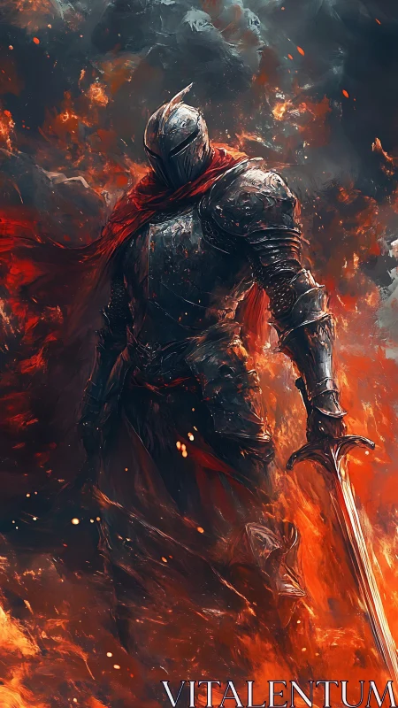 Infernal greatsword knight in scorched plate amid rising embers