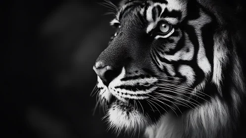 Black and white close-up portrait of tiger in profile.