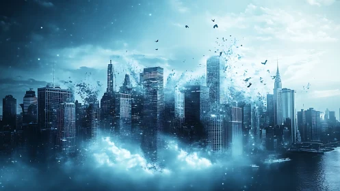 Shimmering skyline unravels into mist, birds, and bright shards