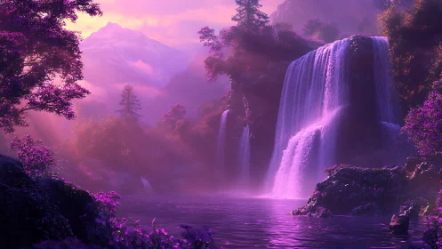 Dreamy violet waterfall haven glowing in soft sunset light.