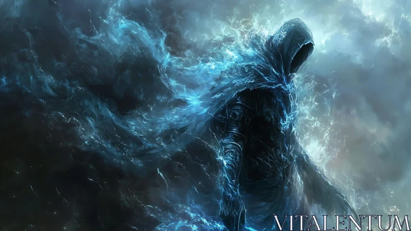 Hooded wraith of swirling blue energy emerges from storm