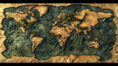 Relief world map with sculpted topography and aged parchment.
