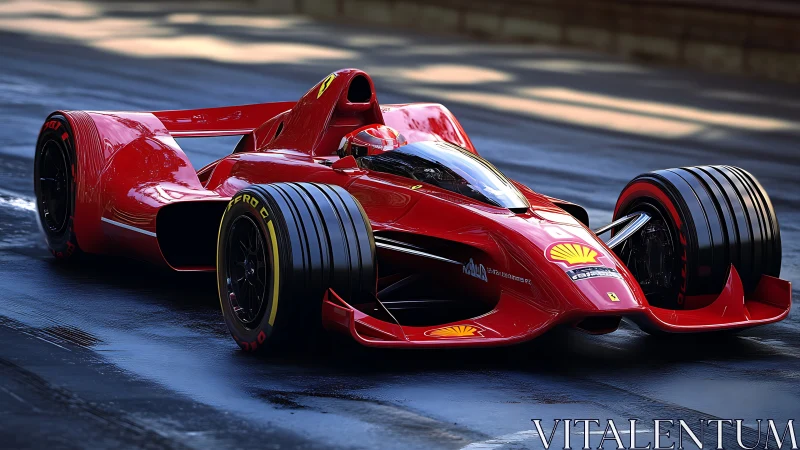 Scarlet future racer carving light across wet asphalt streets.