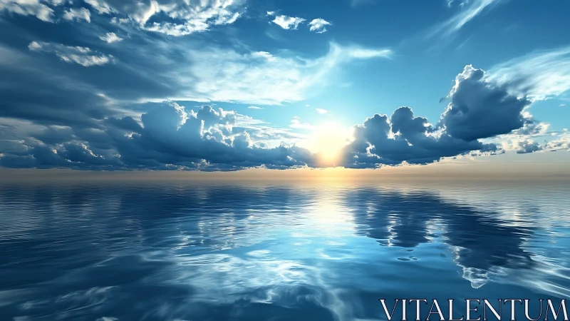 Sunlit cloudscape mirrored across tranquil open sea.