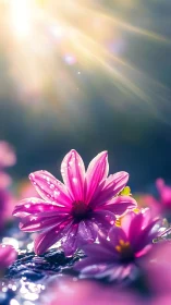 Magenta daisies with water droplets under diffused sunlight.