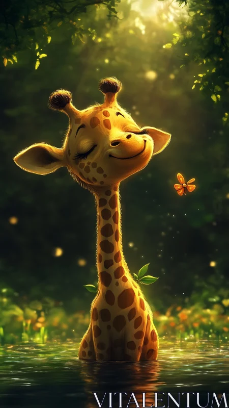 Digital painting of serene giraffe portrait in forest pool.