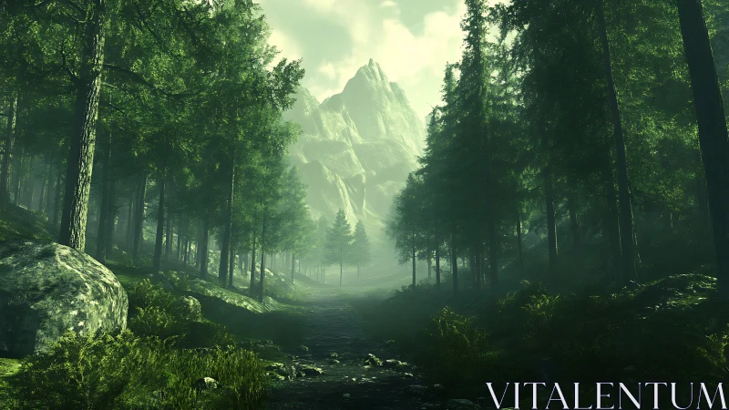 Misty Alpine Valley with Coniferous Forest Canopy and Distant Mountain Peak