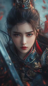 Fierce female warrior in ornate armor and red crown focus.