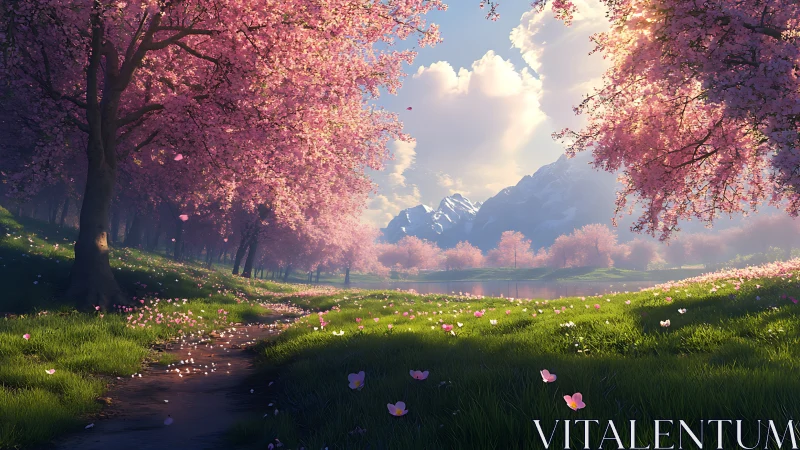 Soft spring light drifts through cherry blossoms and mountains