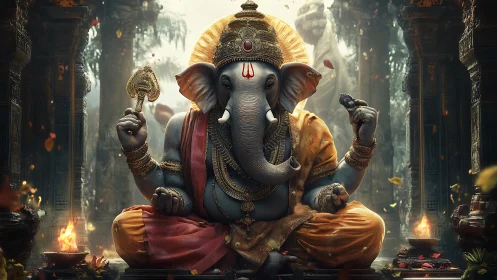 Majestic Ganesha deity sits in luminous ancient sanctuary.