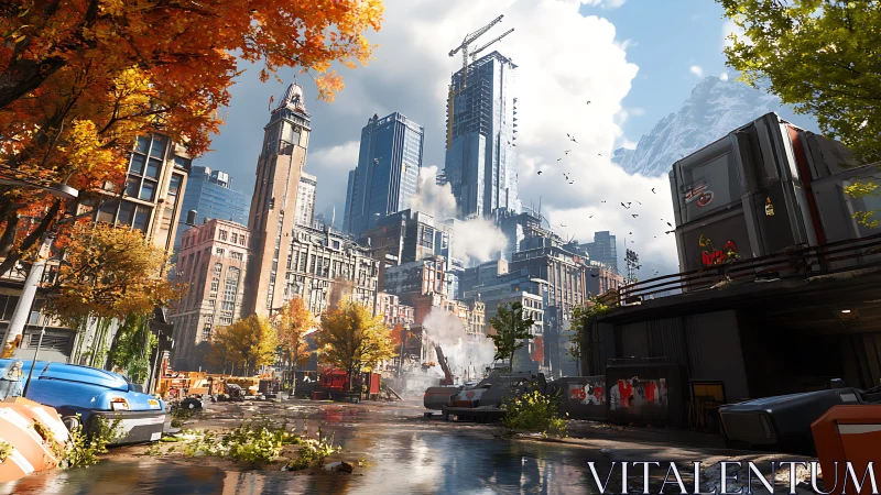 Futuristic city street gleams under crisp autumn sunlight