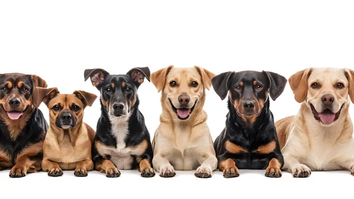 Symmetrical lineup of six mixed-breed dogs under even studio lighting