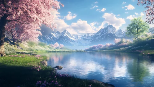 Alpine lake with cherry blossom canopy and snowbound massif.