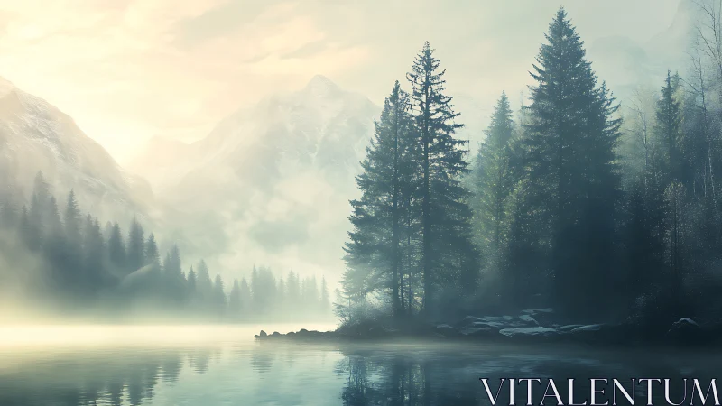 Misty mountain lake morning wrapped in quiet evergreen calm.