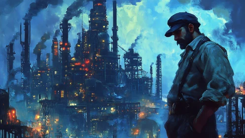 Melancholic foreman broods beside a burning steel labyrinth.