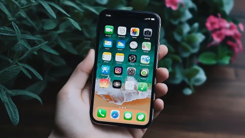 Hand Cradling Digital Life: iPhone Blooms with Apps and Connection.
