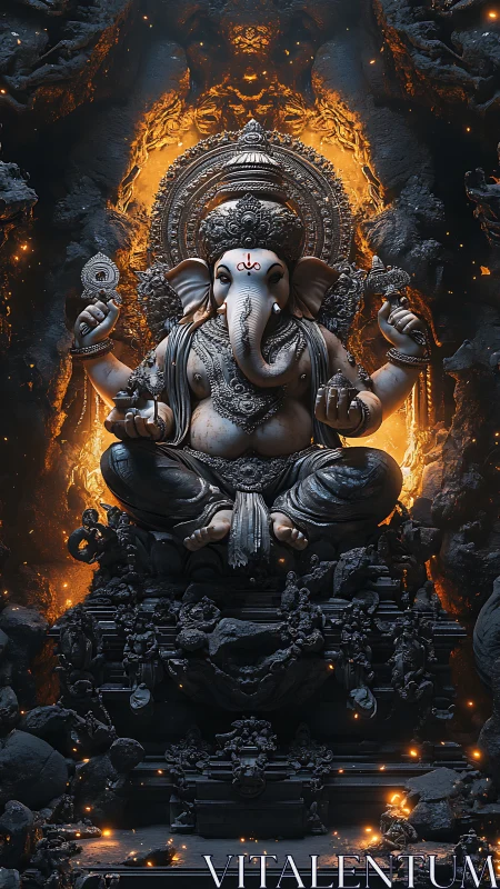 Majestic Ganesha idol glows within a fiery cosmic shrine