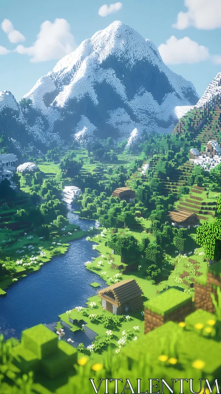 Peaceful pixel valley with bright river and snowy peaks.
