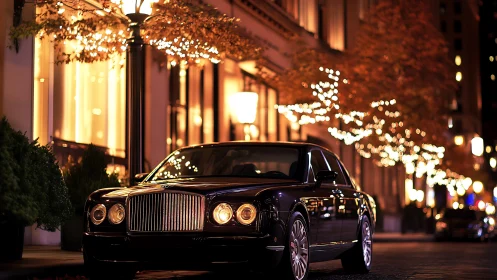 Luxury sedan under warm bokeh streetlights in shallow depth-of-field