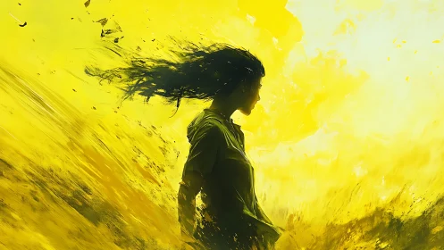 Sunlit dreamer standing in a whirlwind of bright yellow light.