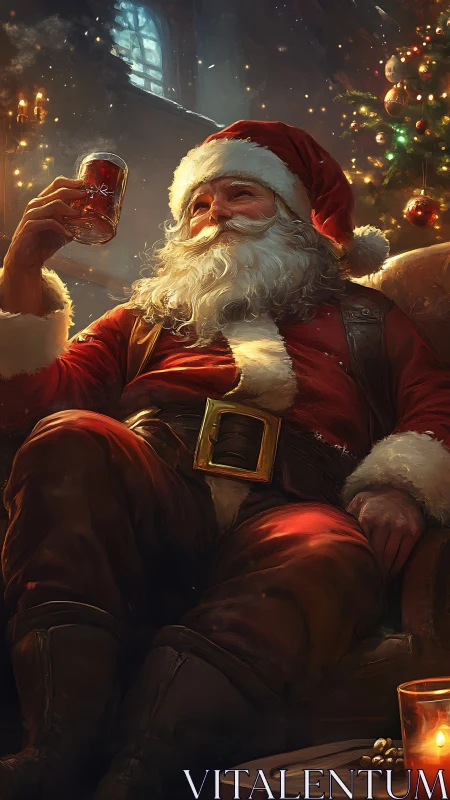 Santa unwinds by the fire with a cozy holiday toast.