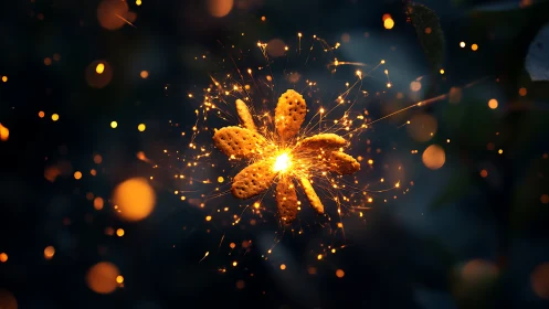 Glowing ember flower exploding with radiant golden sparks.