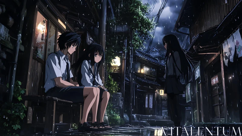 Quiet rainy alley reunion with three thoughtful friends.