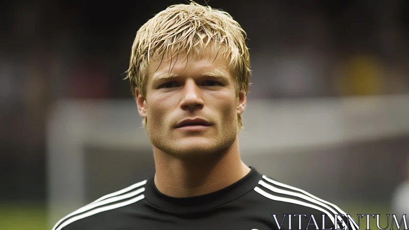 Photorealistic portrait of soccer goalkeeper in shallow focus.