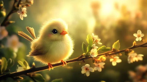Sunlit fluffball perches on blossom branch and quietly glows