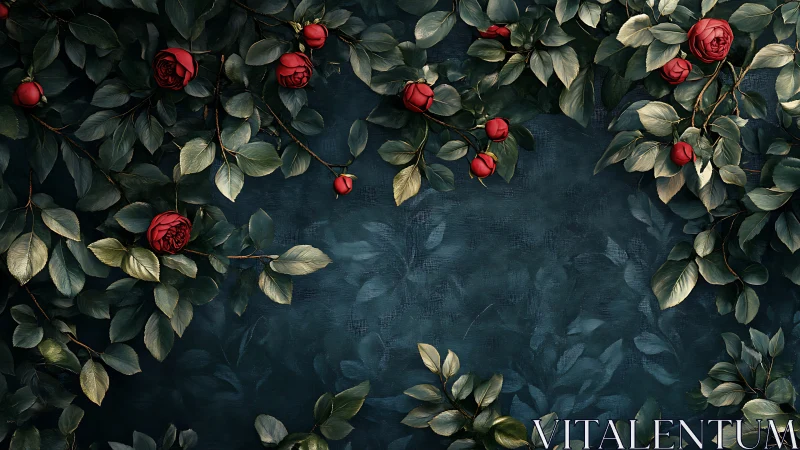 Crimson roses entwine deep teal foliage on textured wall