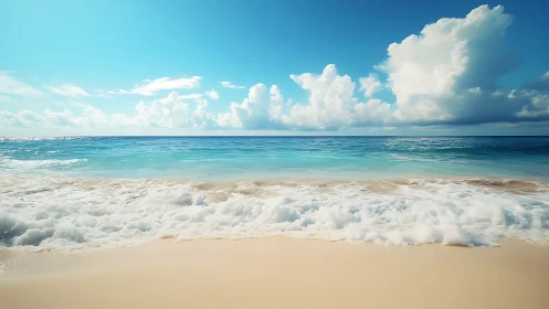 Sunny tropical shoreline with turquoise surf and clouds.
