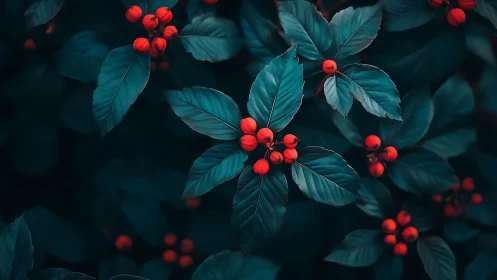 Teal foliage with vivid red berries in moody closeup.