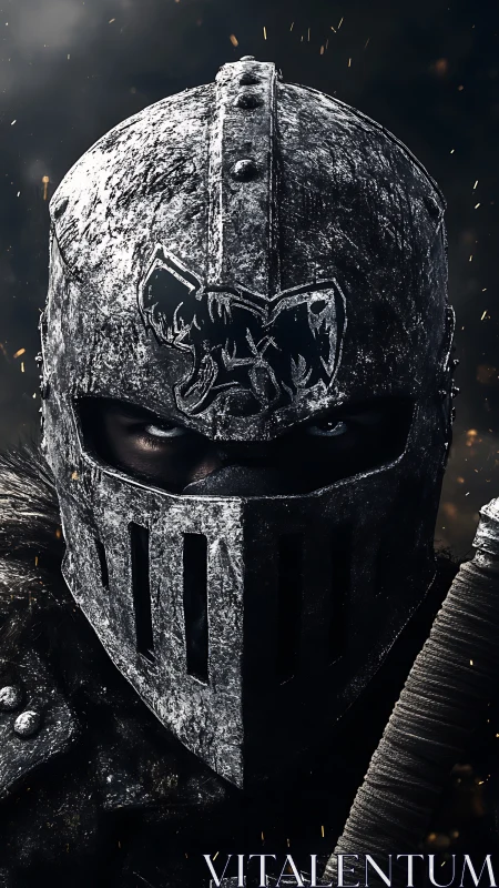 Photorealistic close-up of armored knight helm portrait.