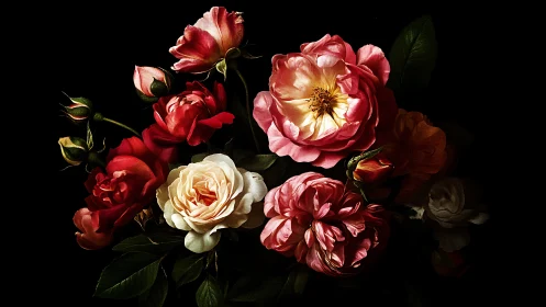 Arrangement of garden roses and peonies against dark background.