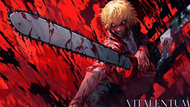 Fierce chainsaw warrior lunges forward in bold red chaos.