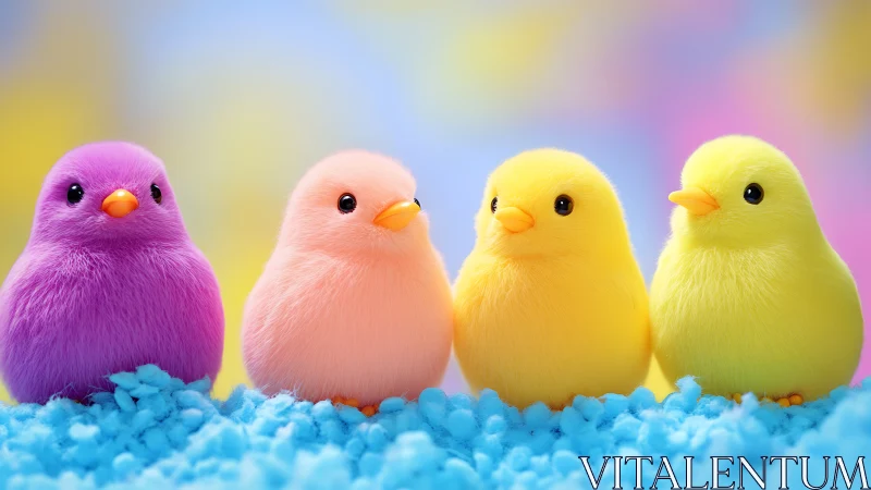 Colorful fluffy chicks share a soft, joyful pastel moment