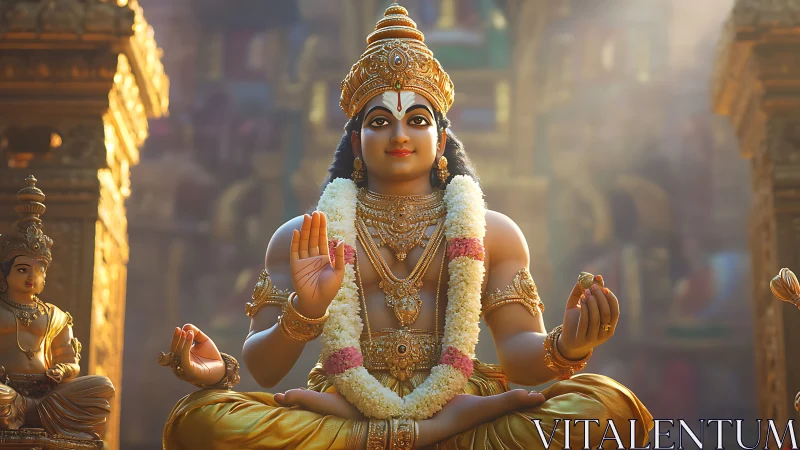 Golden Hindu deity statue sits in temple light with garlands