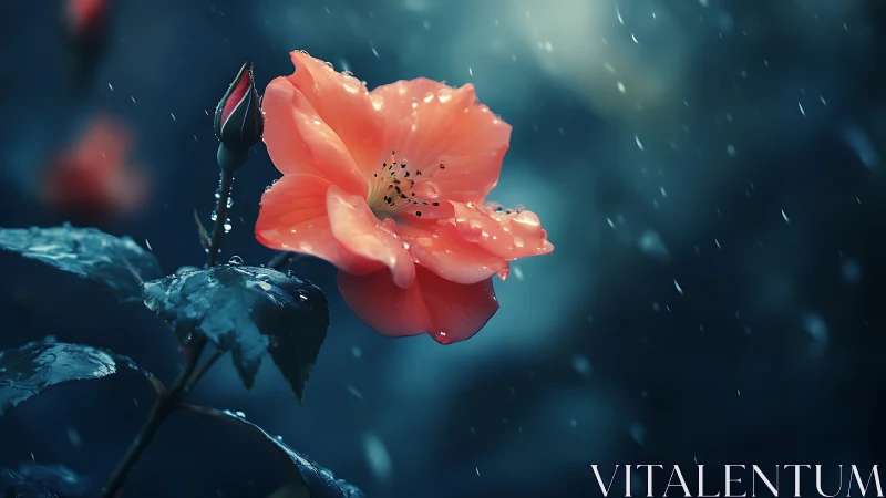 Coral blossom suspended in rainfall against deep teal backdrop with selective focus.