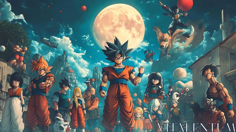 Lunar-lit anime battle ensemble in dense atmospheric panorama.