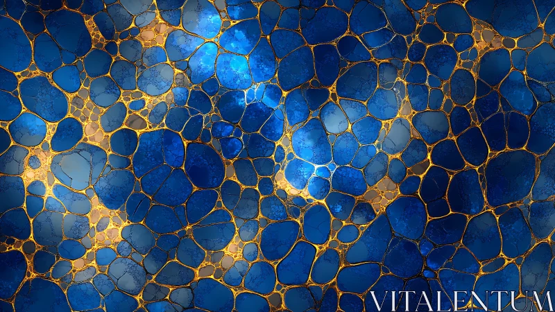 Iridescent blue cellular tessellation with molten gold network