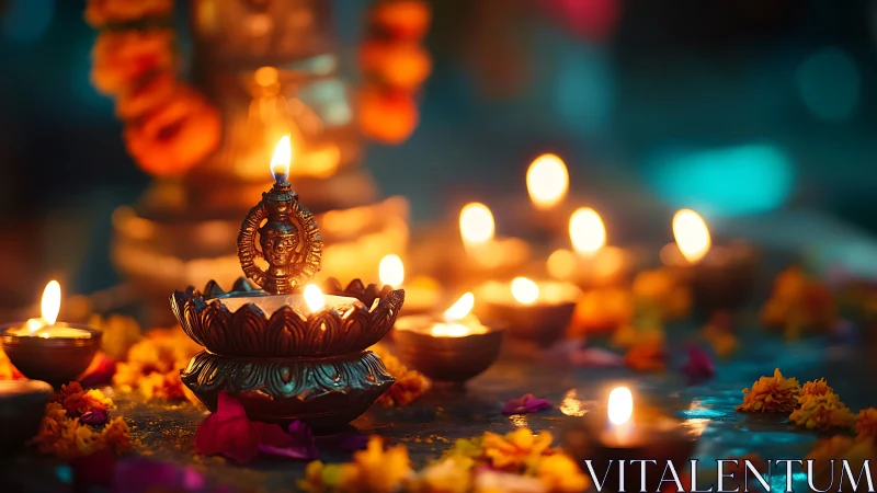 Diya flames whisper blessings across marigold constellations