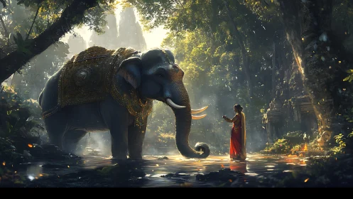 Woman and ornate elephant in sunlit jungle clearing scene.