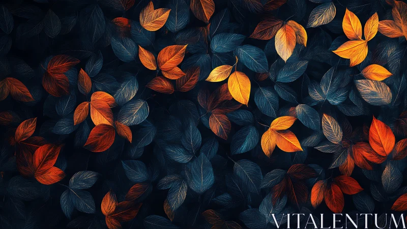 Autumn leaves glow over deep blue forest ground pattern.