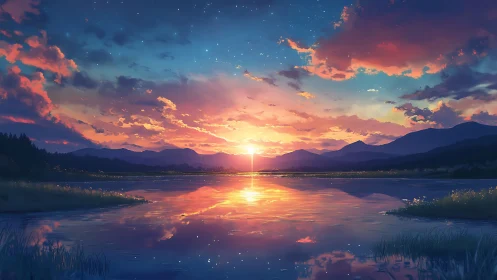 Sunset illuminates tranquil mountain lake with vivid clouds