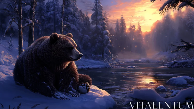 Brown bear rests beside frozen river under winter sunset
