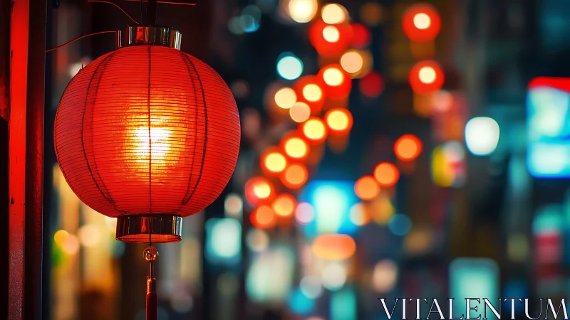 Red paper lantern illuminates an urban night street scene
