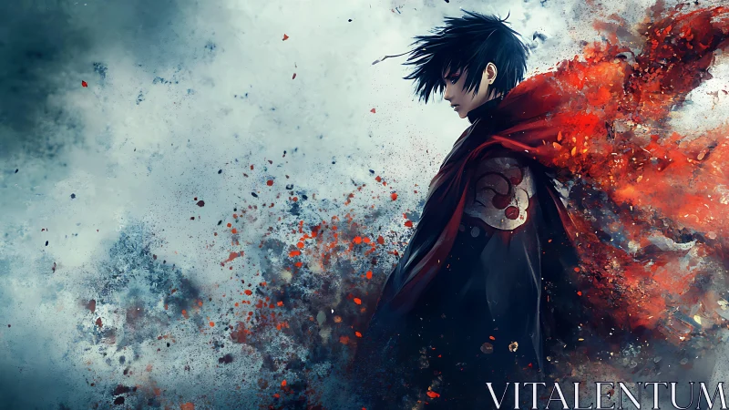 Dark-haired warrior dissolves into crimson spectral embers